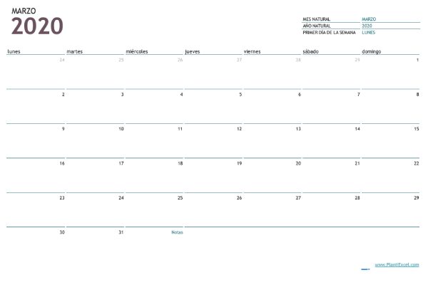 Plantilla Excel calendario mensual 2020